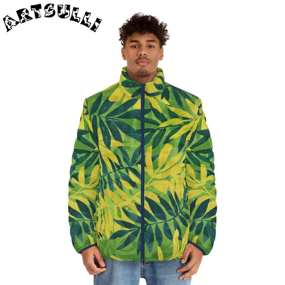 Green and Yellow Leaf Print Puffer Jacket, Artsulli - Art is Long, Life is Short, All Over Prints, , , , , , , 