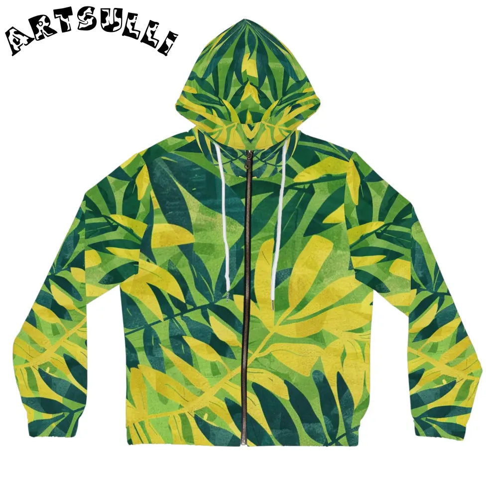 Green and Yellow Leaf Print Zip Hoodie, Artsulli - Art is Long, Life is Short, All Over Prints, Size, XS, Color, White, , , 63551403206465165435