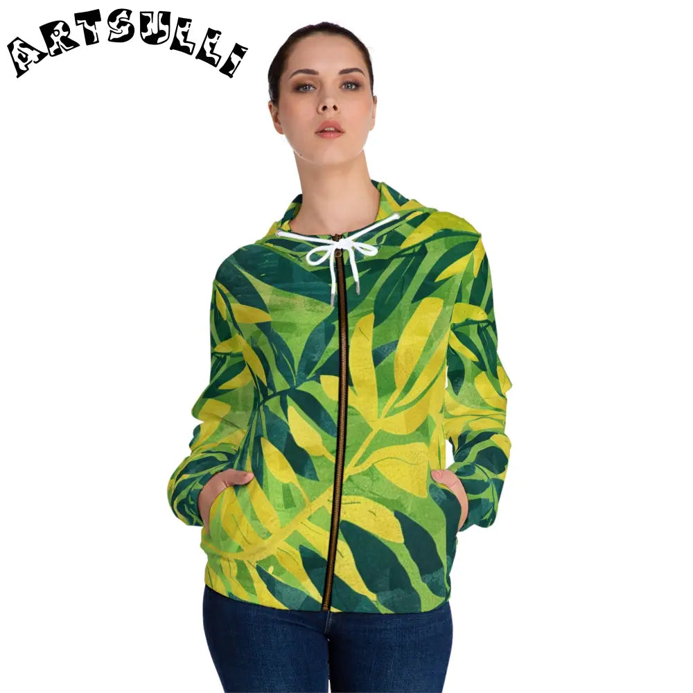 Green and Yellow Leaf Print Zip Hoodie, Artsulli - Art is Long, Life is Short, All Over Prints, , , , , , , 