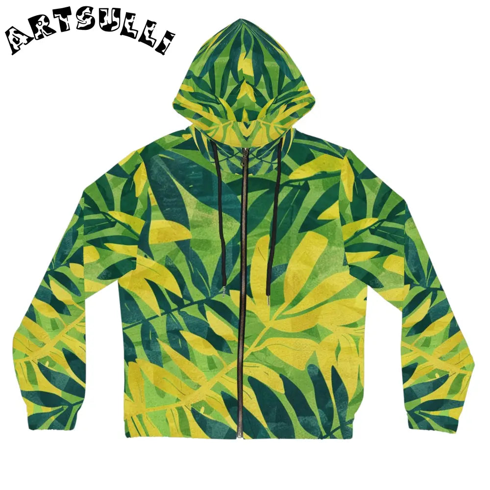Green and Yellow Leaf Print Zip Hoodie, Artsulli - Art is Long, Life is Short, All Over Prints, Size, XS, Color, Black, , , 29307817502289323739