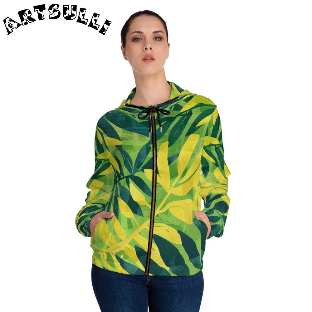 Green and Yellow Leaf Print Zip Hoodie, Artsulli - Art is Long, Life is Short, All Over Prints, , , , , , , 