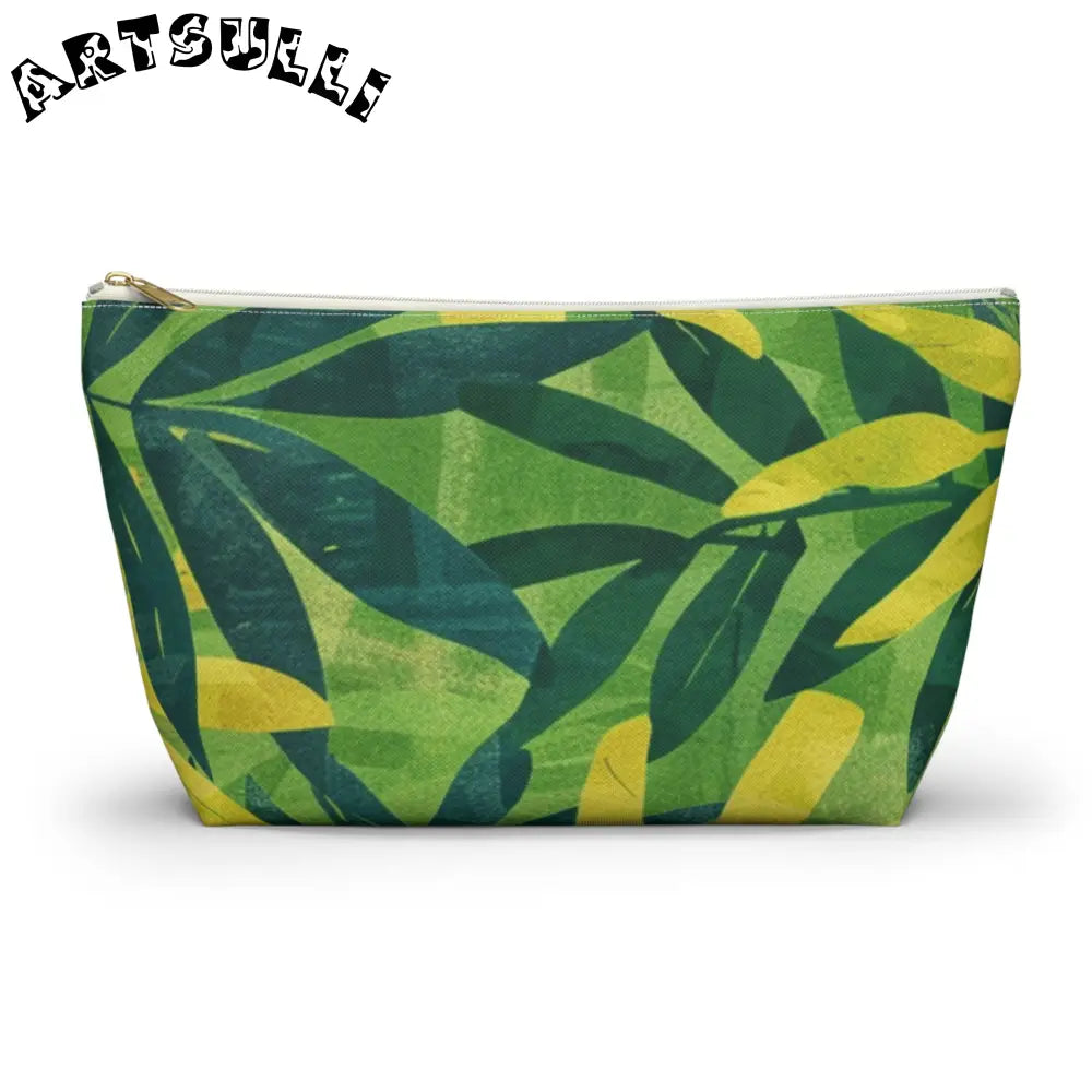 Green and Yellow Leaf T-Bottom Pouch, Artsulli - Art is Long, Life is Short, Bags, Size, Large, Color, White zipper, , , 76097953365259757600