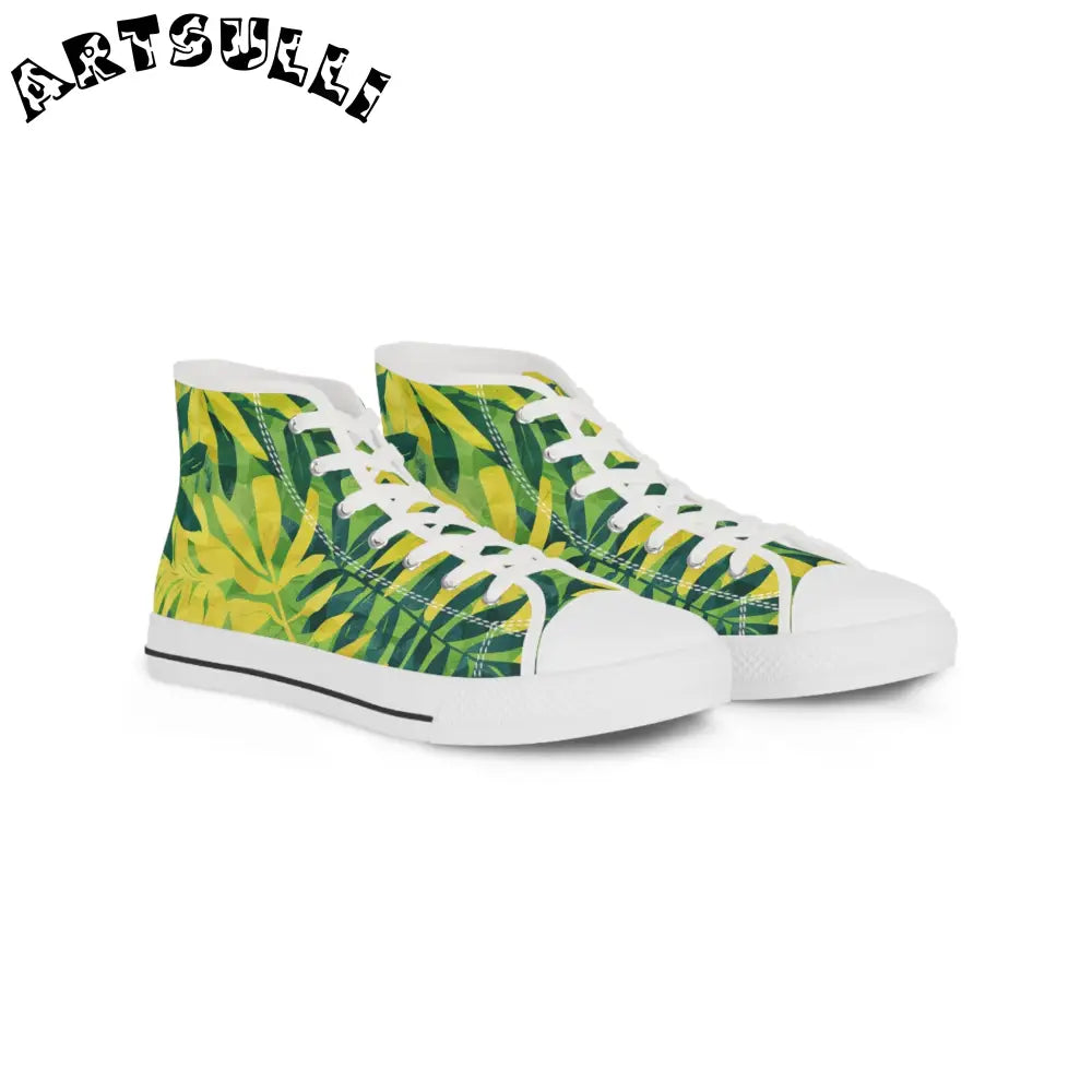 Green and Yellow Palm Leaf High-Top Sneakers, Artsulli - Art is Long, Life is Short, Shoes, Size, US 5, Color, White sole, , , 33928390970681856396