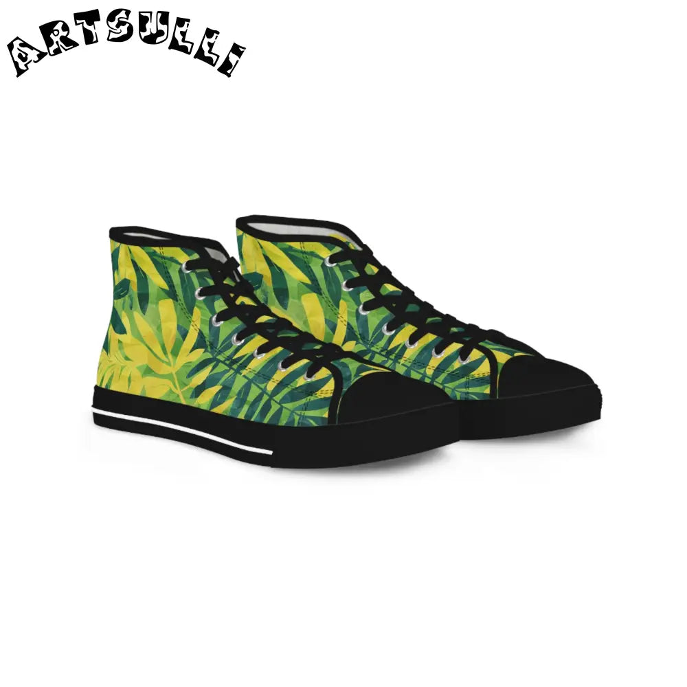 Green and Yellow Palm Leaf High-Top Sneakers, Artsulli - Art is Long, Life is Short, Shoes, Size, US 5, Color, Black sole, , , 18540822123635850996
