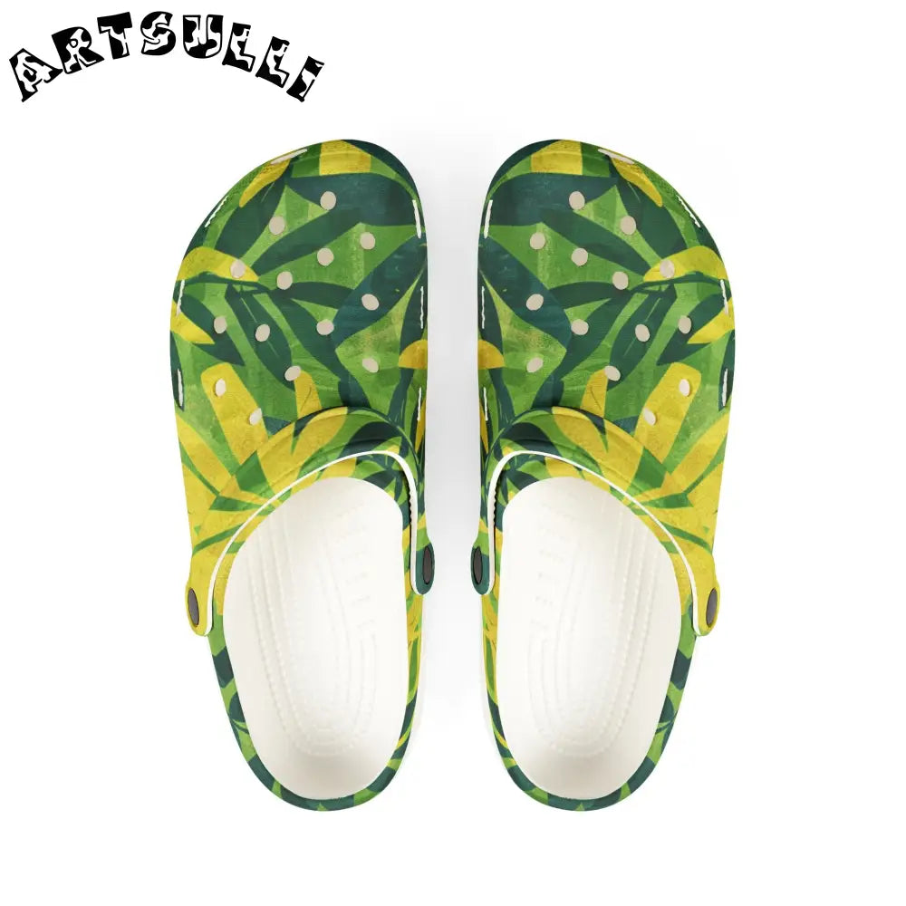 Green and Yellow Patterned EVA Foam Clogs, Artsulli - Art is Long, Life is Short, Shoes, Size, US 6 (Women's), Color, White, , , 33779000387515976954