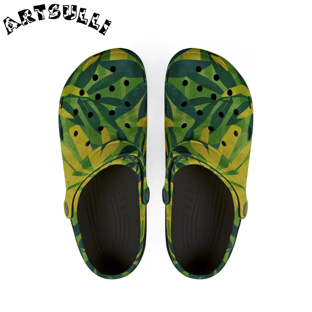 Green and Yellow Patterned EVA Foam Clogs, Artsulli - Art is Long, Life is Short, Shoes, Size, US 6 (Women's), Color, Black, , , 10632082361522145063