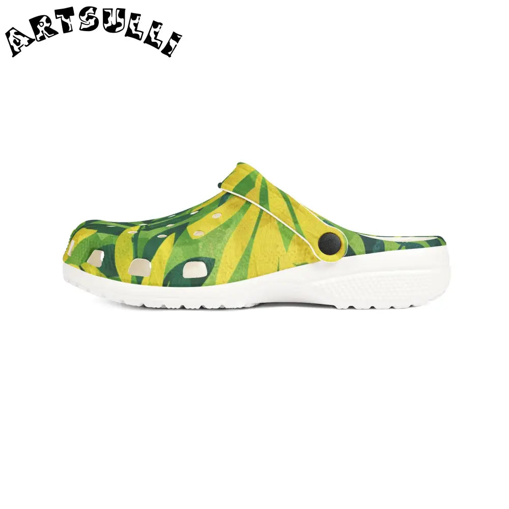 Green and Yellow Patterned EVA Foam Clogs, Artsulli - Art is Long, Life is Short, Shoes, , , , , , , 