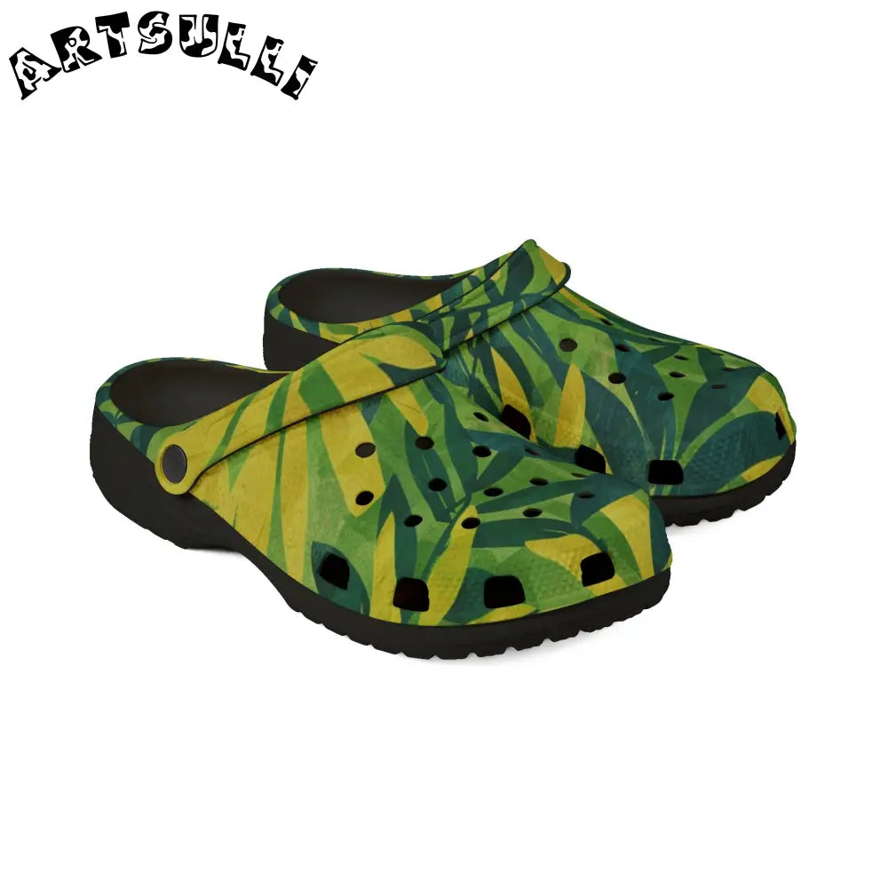 Green and Yellow Patterned EVA Foam Clogs, Artsulli - Art is Long, Life is Short, Shoes, , , , , , , 