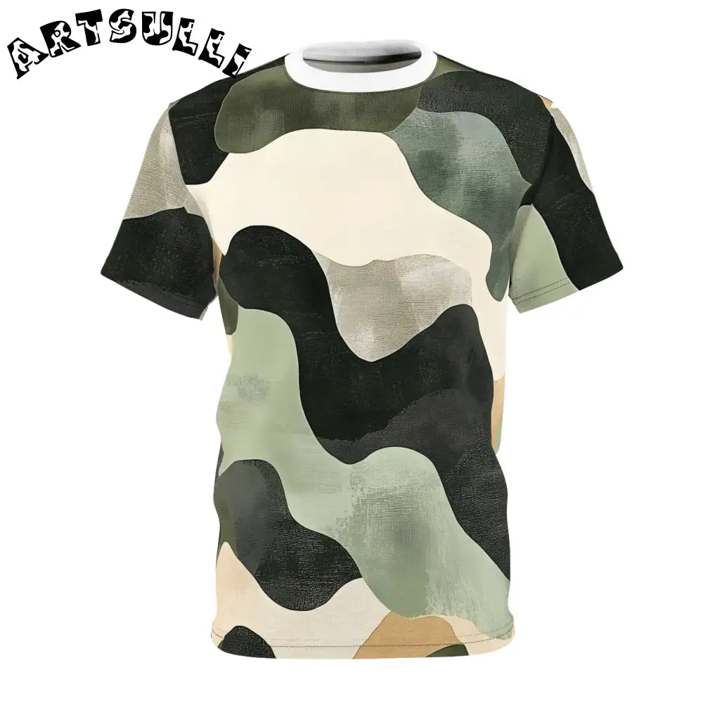 Green Black Beige Camouflage Short Sleeve T Shirt, Artsulli - Art is Long, Life is Short, All Over Prints, Color, Black stitching, Weight, 4 oz., Size, S, 58115530352095