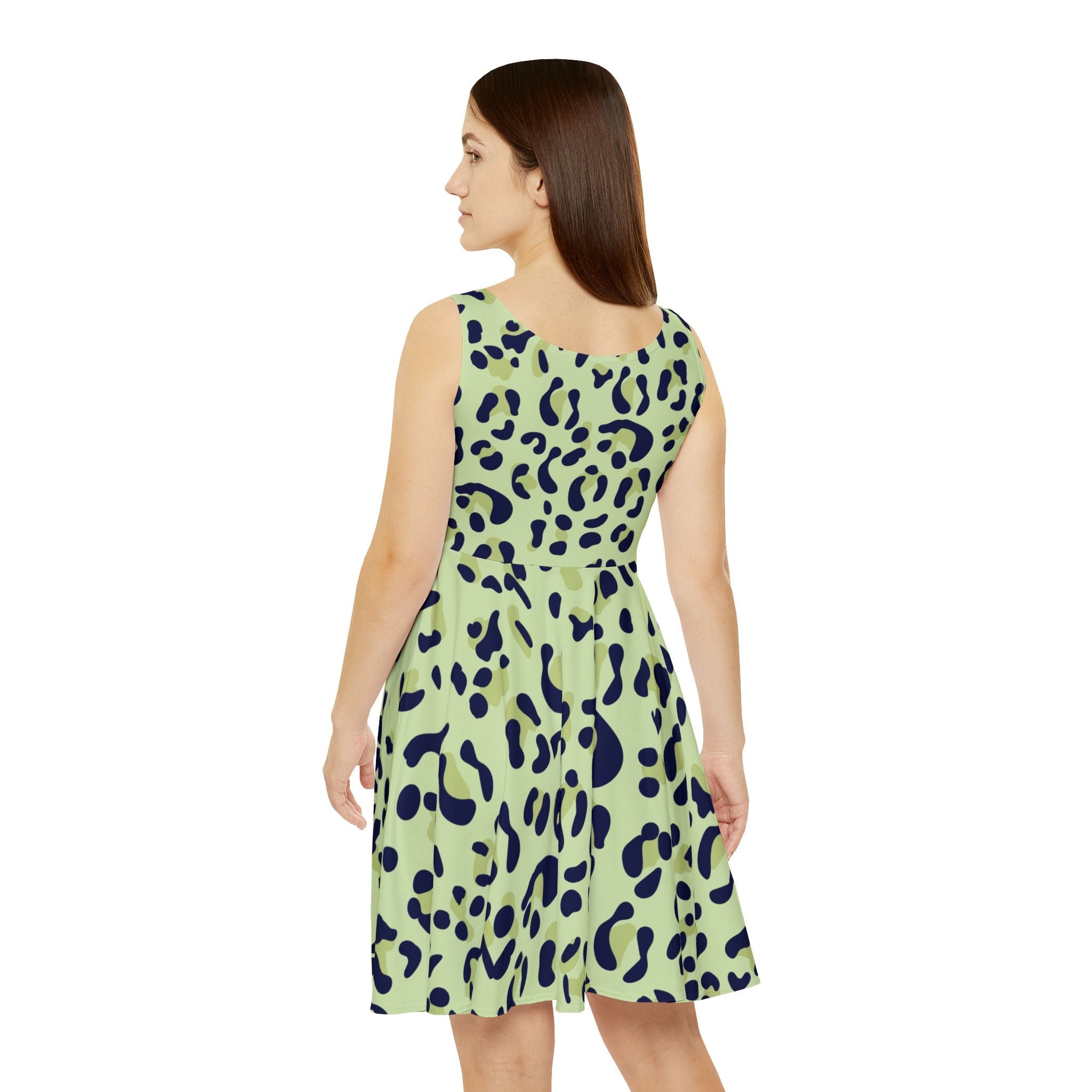 Green Blue Leopard Print Skater Dress, Artsulli - Art is Long, Life is Short, All Over Prints, , , , , , , 