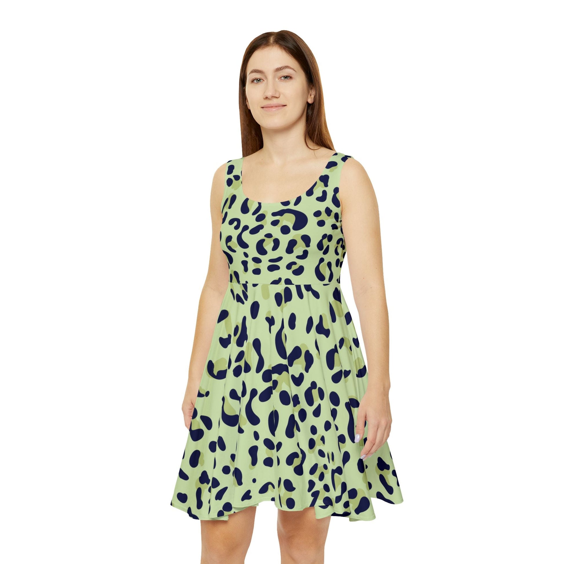 Green Blue Leopard Print Skater Dress, Artsulli - Art is Long, Life is Short, All Over Prints, , , , , , , 