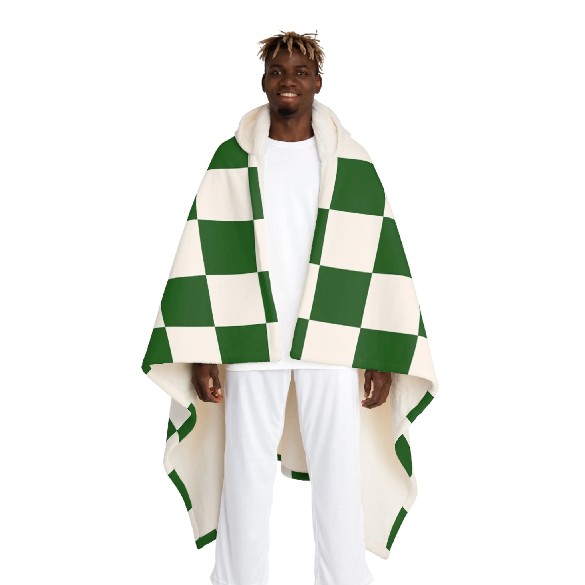 Green Checkered Hooded Sherpa Fleece Blanket, Artsulli - Art is Long, Life is Short, All Over Prints, Size, One size, Color, Cream, , , 78305953864254644072