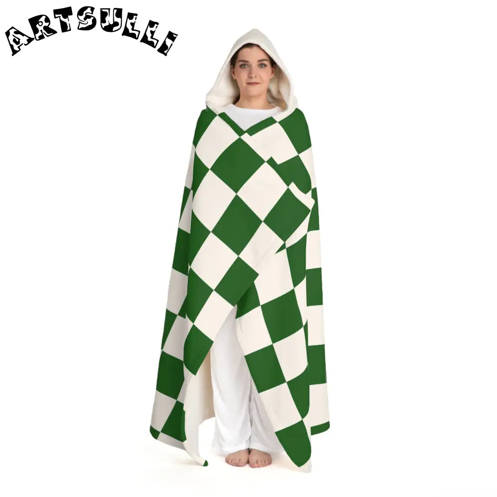 Green Checkered Hooded Sherpa Fleece Blanket, Artsulli - Art is Long, Life is Short, All Over Prints, , , , , , , 