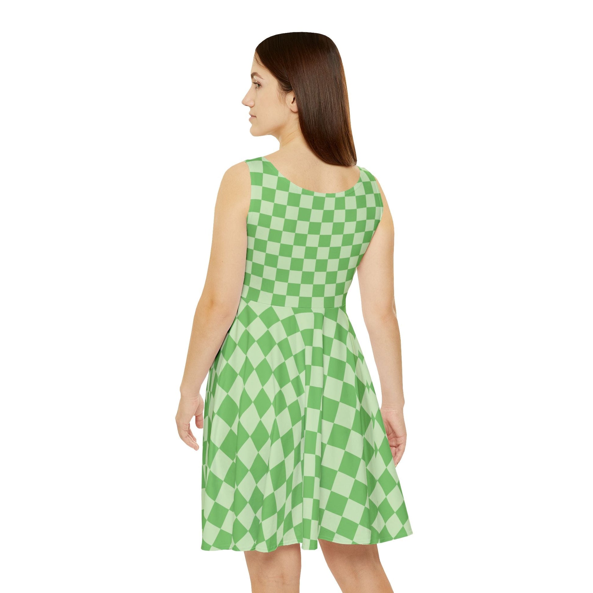Green Checkered Skater Dress, Artsulli - Art is Long, Life is Short, All Over Prints, , , , , , , 