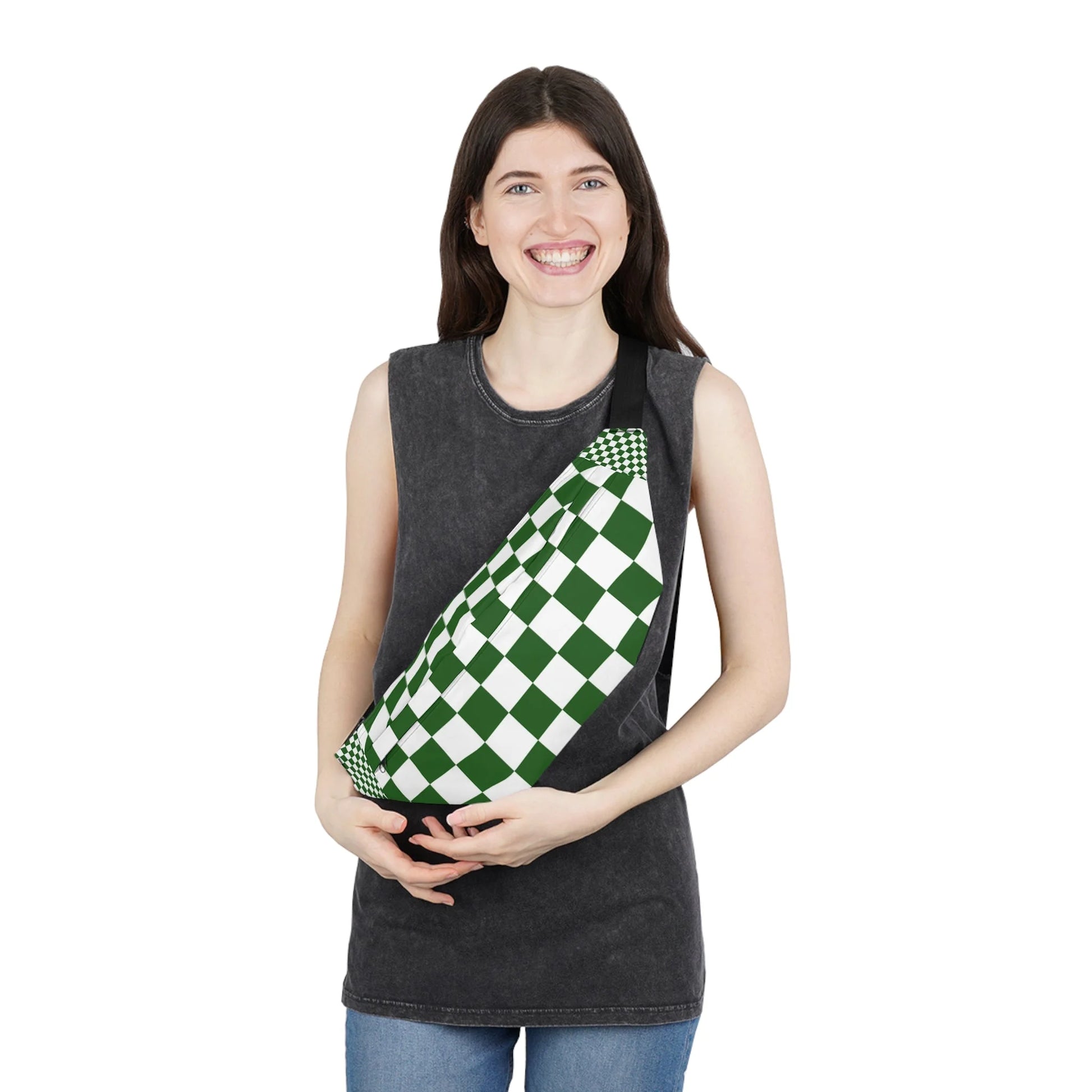 Green Checkered Utilitarian Fanny Pack, Artsulli - Art is Long, Life is Short, Bags, , , , , , , 