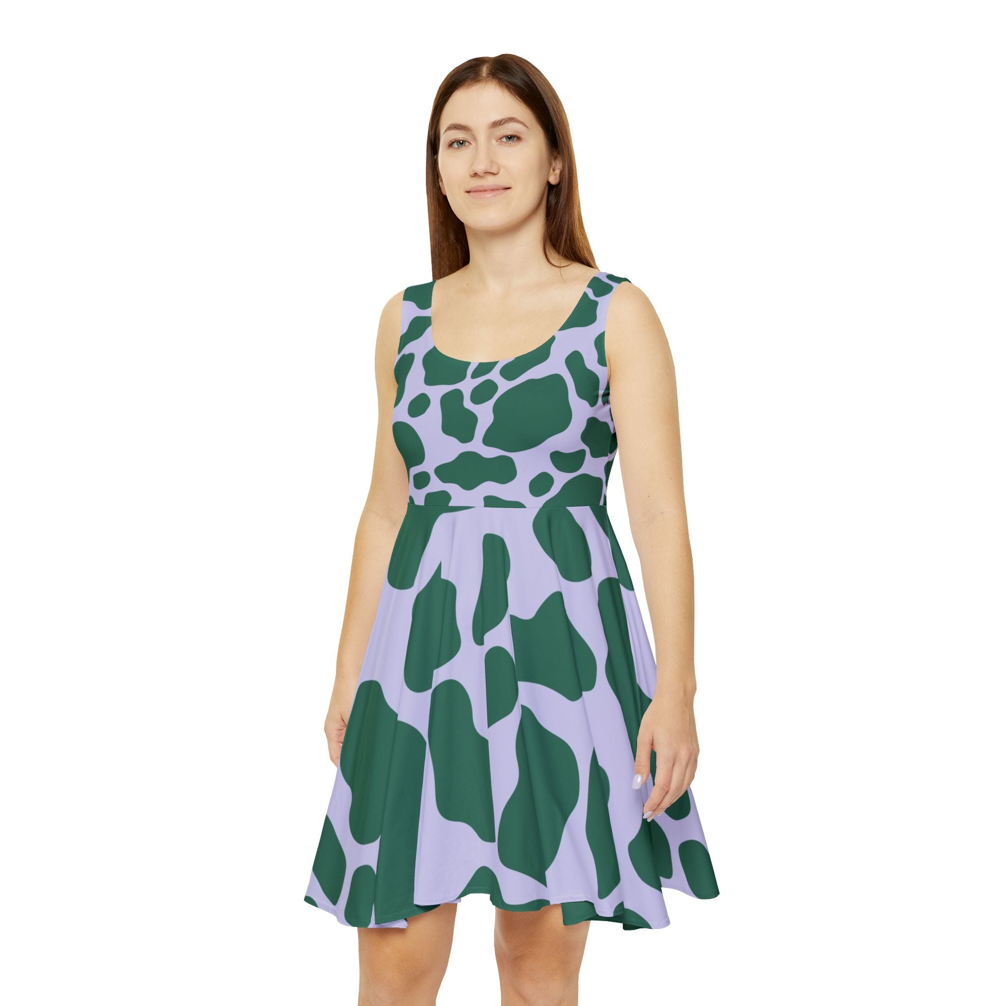 Green Cow Print Skater Dress, Artsulli - Art is Long, Life is Short, All Over Prints, , , , , , , 