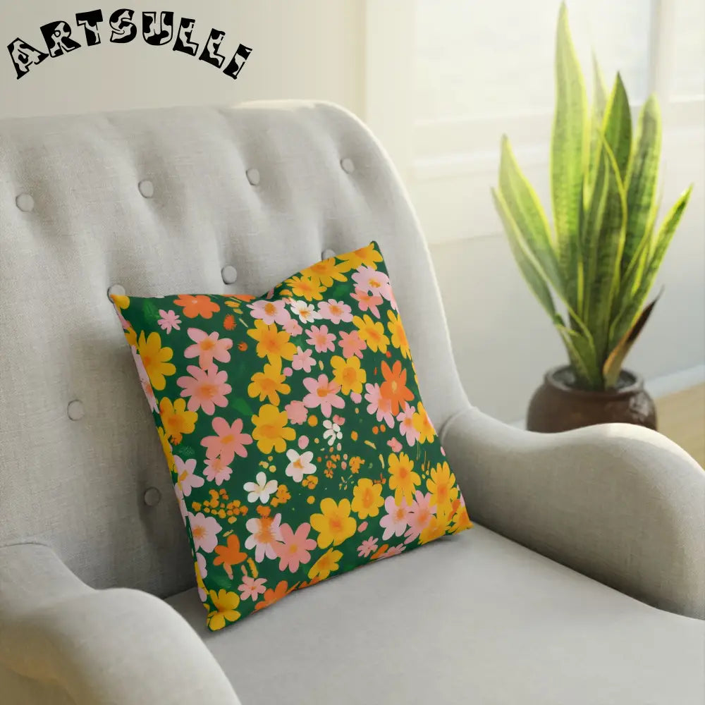 Green Floral Cotton Throw Pillow, Artsulli - Art is Long, Life is Short, Home Decor, , , , , , , 