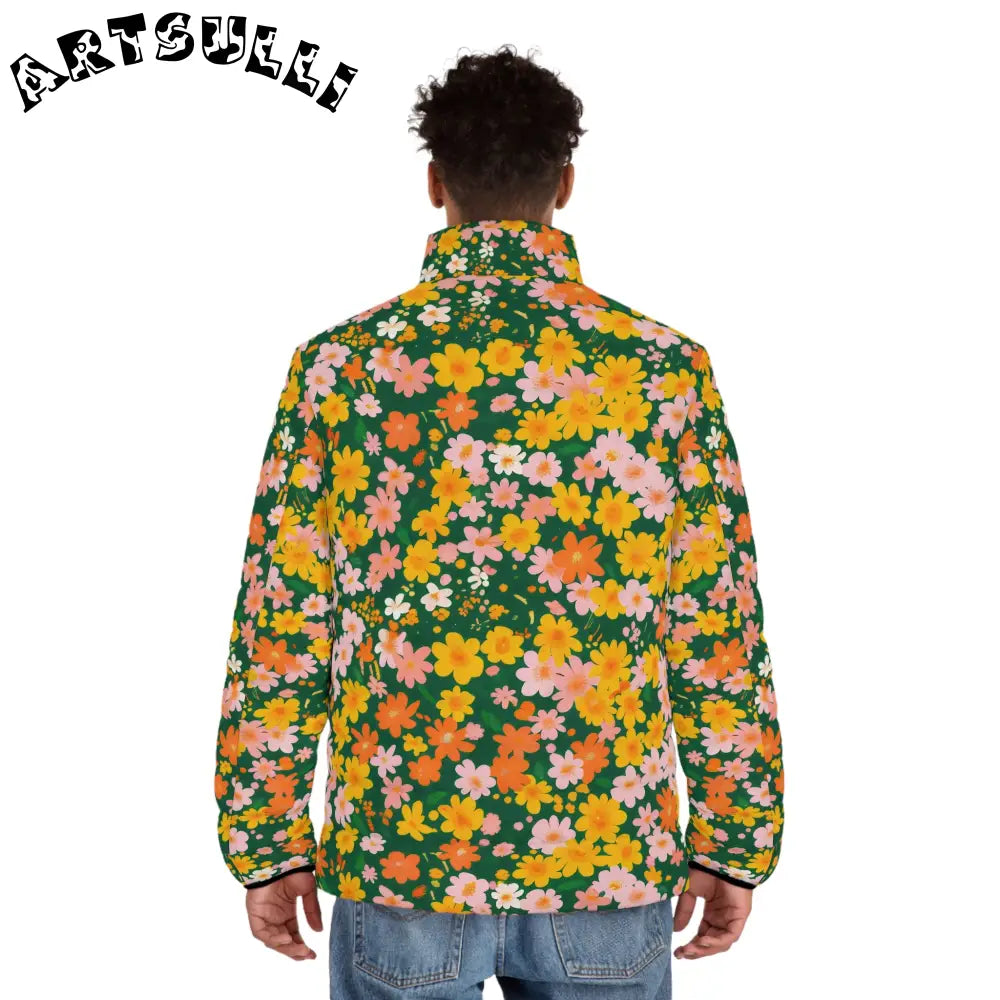 Green Floral Print Puffer Jacket, Artsulli - Art is Long, Life is Short, All Over Prints, , , , , , , 