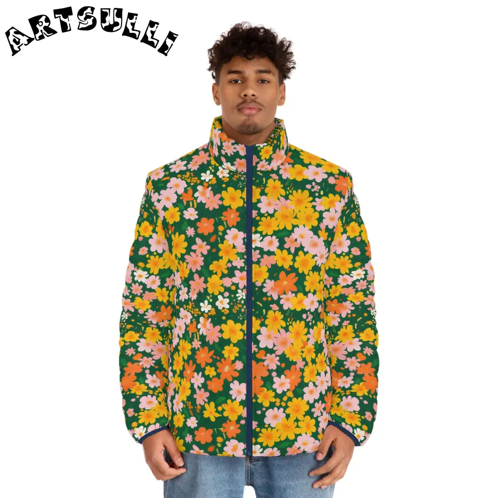 Green Floral Print Puffer Jacket, Artsulli - Art is Long, Life is Short, All Over Prints, , , , , , , 