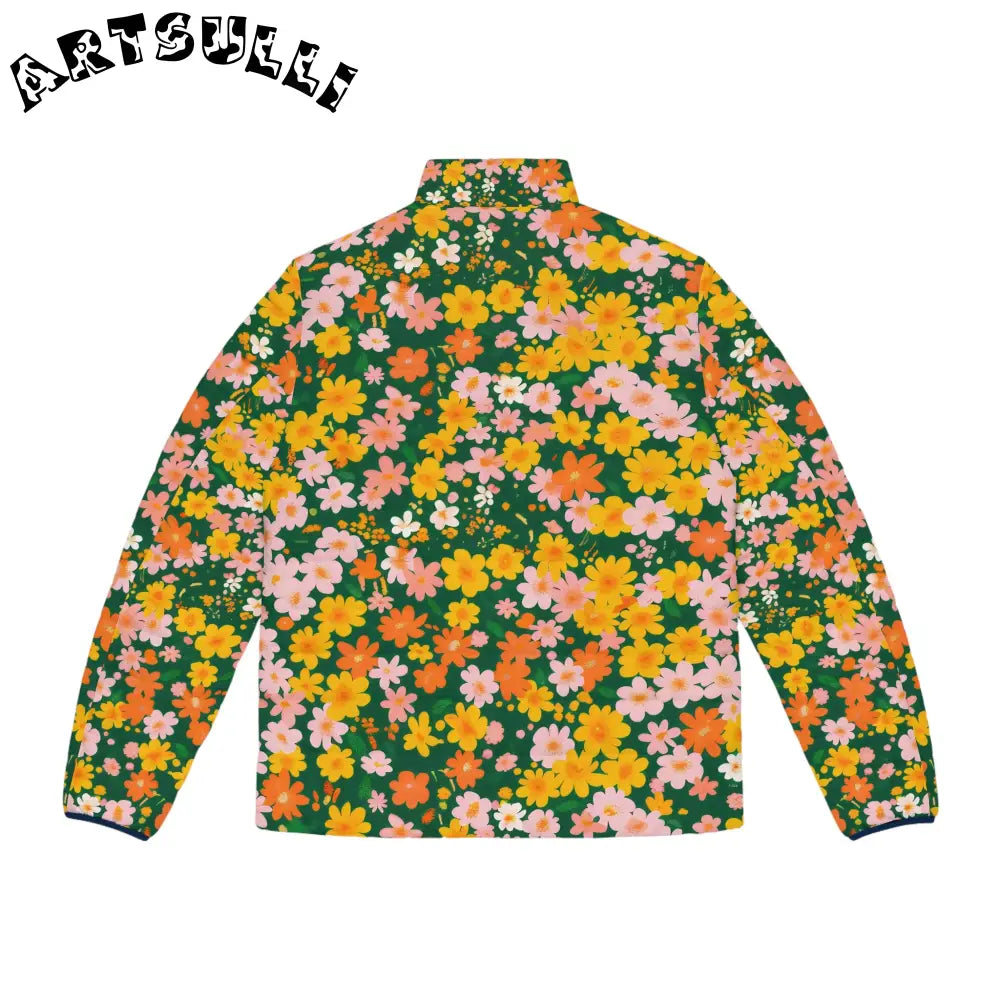 Green Floral Print Puffer Jacket, Artsulli - Art is Long, Life is Short, All Over Prints, , , , , , , 