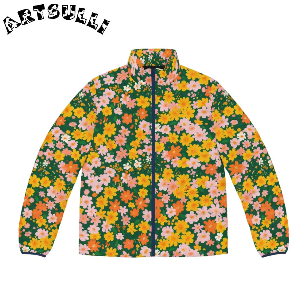 Green Floral Print Puffer Jacket, Artsulli - Art is Long, Life is Short, All Over Prints, Size, S, Color, Dark blue zipper, , , 19404210944900583555