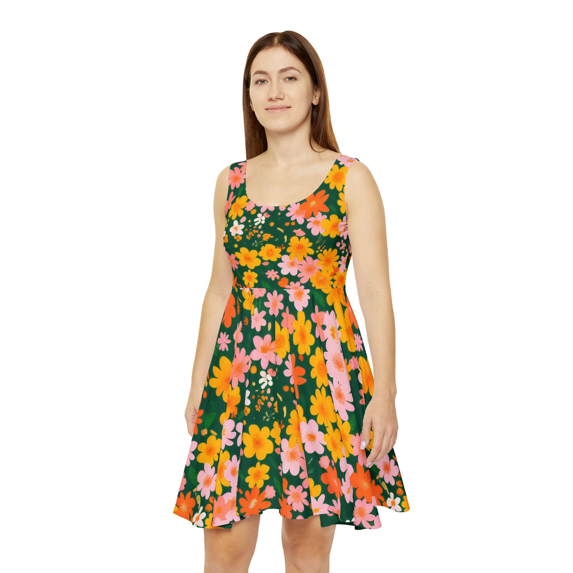 Green Floral Skater Dress, Artsulli - Art is Long, Life is Short, All Over Prints, , , , , , , 