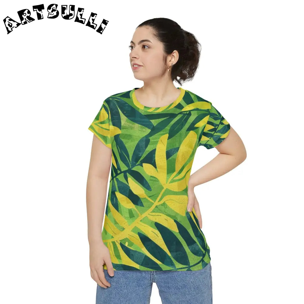Green Leaf Pattern Crewneck T-Shirt, Artsulli - Art is Long, Life is Short, All Over Prints, , , , , , , 