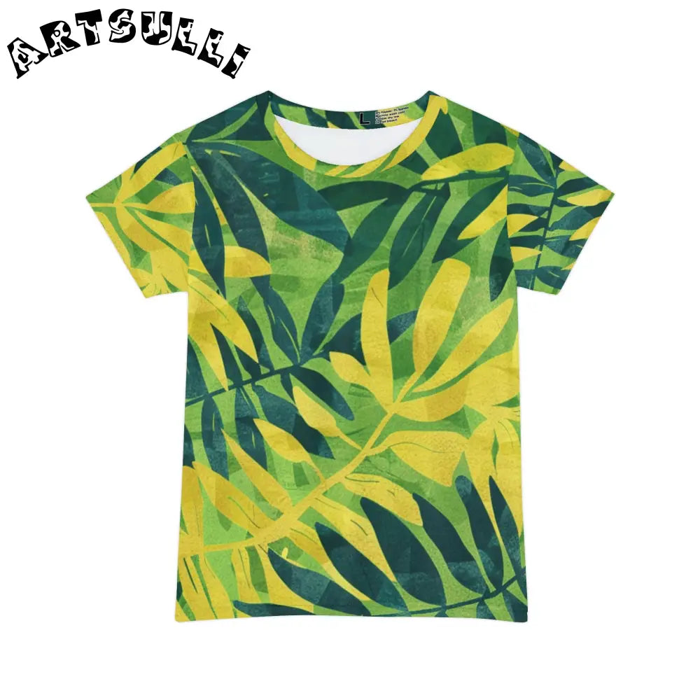 Green Leaf Pattern Crewneck T-Shirt, Artsulli - Art is Long, Life is Short, All Over Prints, Size, XS, , , , , 32211657335106748801