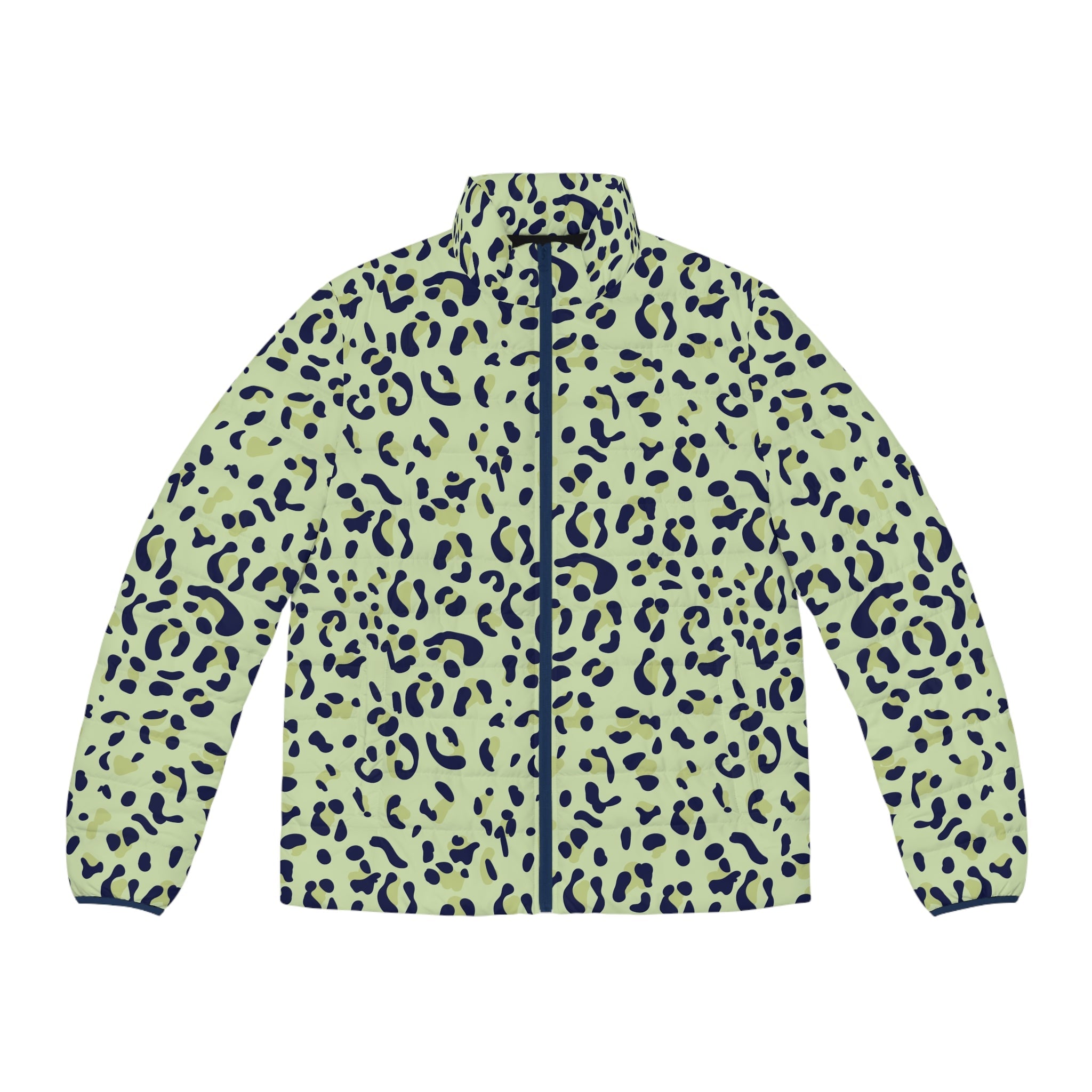 Green Leopard Print Puffer Jacket, Artsulli - Art is Long, Life is Short, All Over Prints, Size, S, Color, Dark blue zipper, , , 19160739850775430699