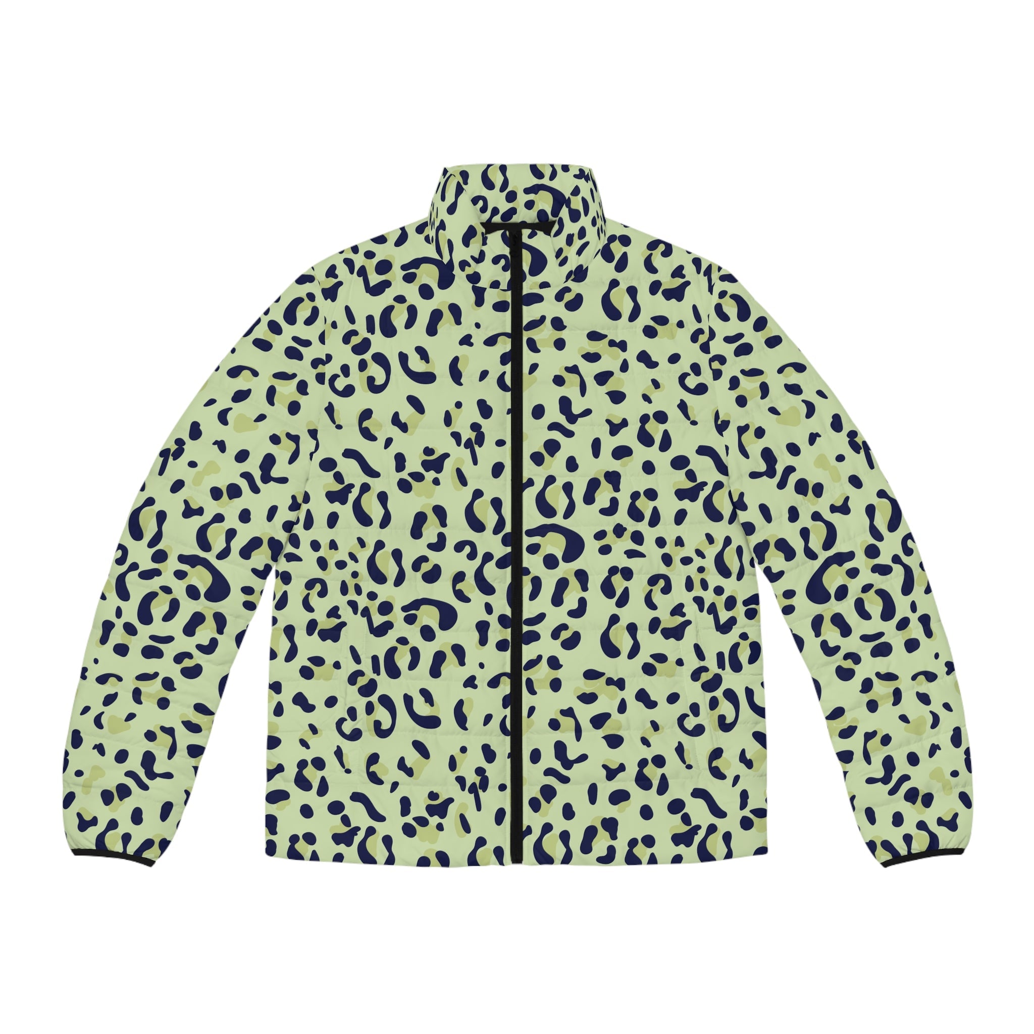 Green Leopard Print Puffer Jacket, Artsulli - Art is Long, Life is Short, All Over Prints, Size, S, Color, Black zipper, , , 75287522508899402325