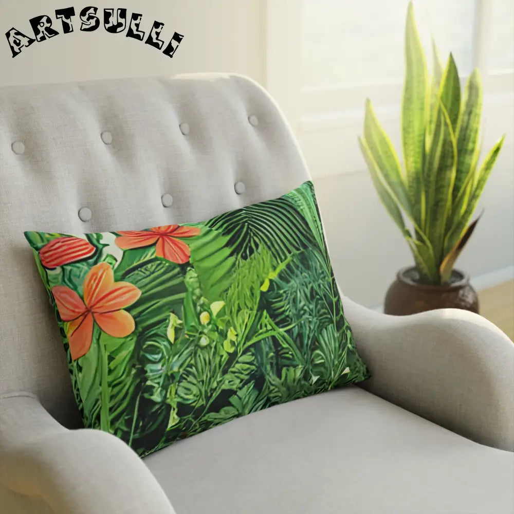 JAKKOUTTHEBXX Green Tropical Print Throw Pillow with Orange Flower Accents 2025