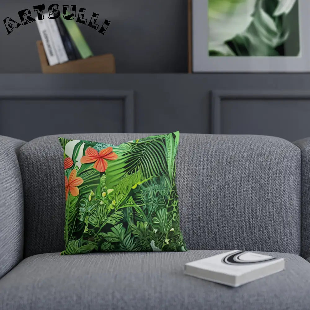 JAKKOUTTHEBXX Green Tropical Print Throw Pillow with Orange Flower Accents 2025