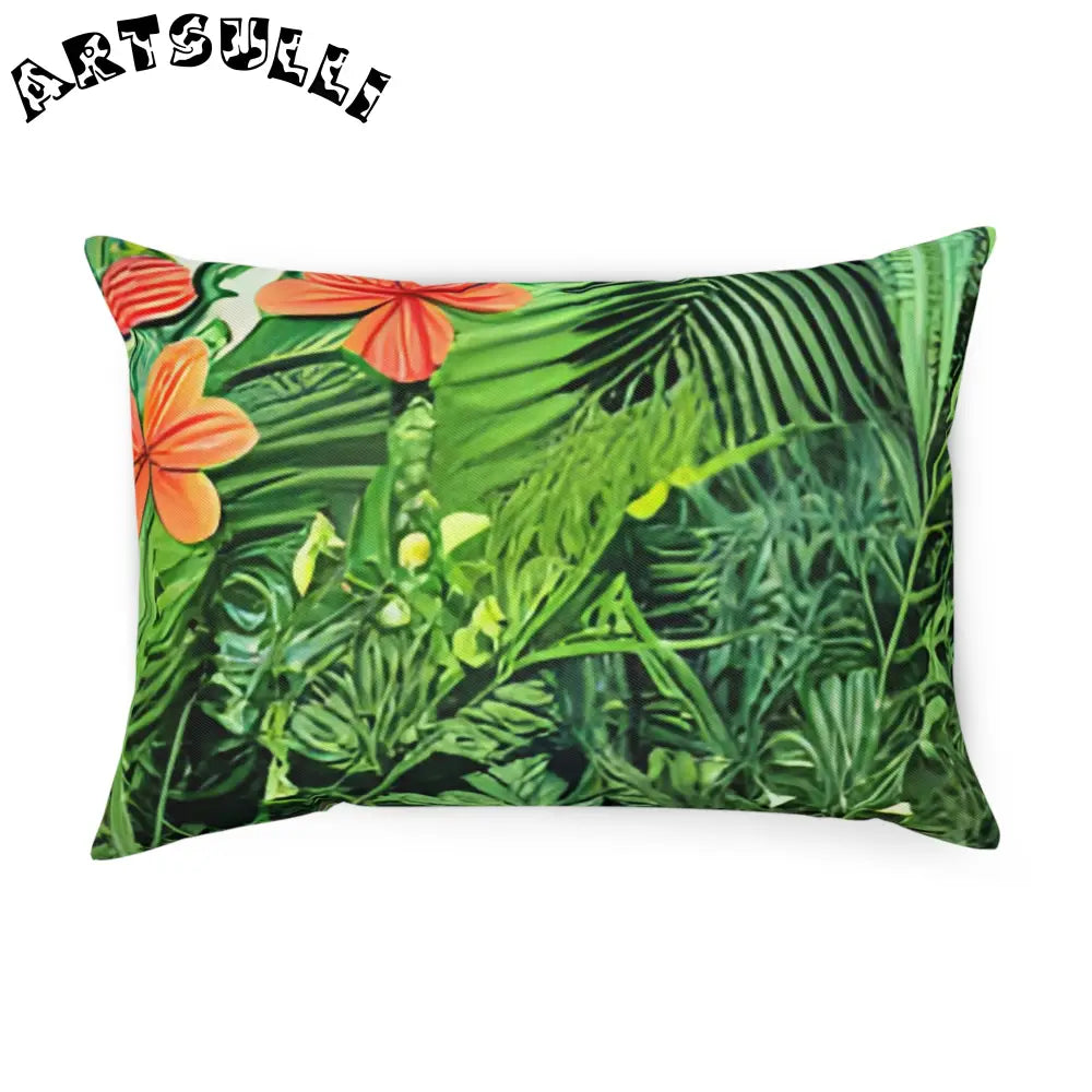 JAKKOUTTHEBXX Green Tropical Print Throw Pillow with Orange Flower Accents 2025