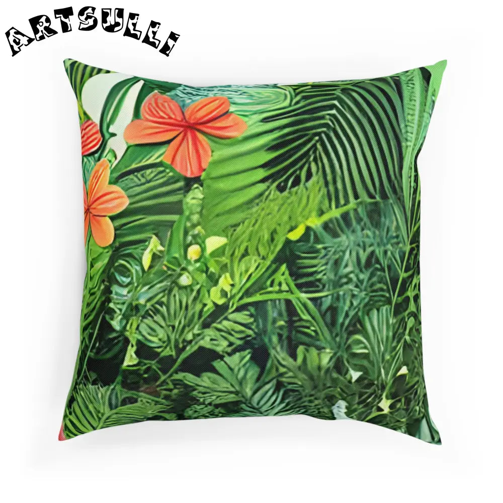 JAKKOUTTHEBXX Green Tropical Print Throw Pillow with Orange Flower Accents 2025