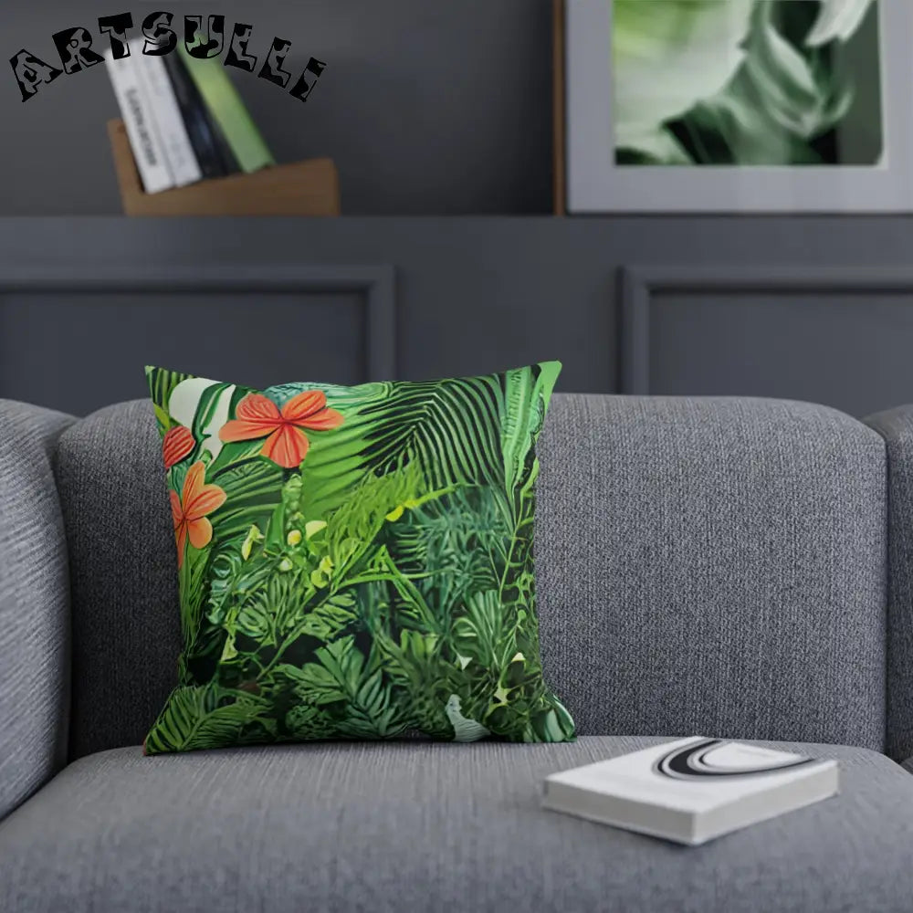 JAKKOUTTHEBXX Green Tropical Print Throw Pillow with Orange Flower Accents 2025