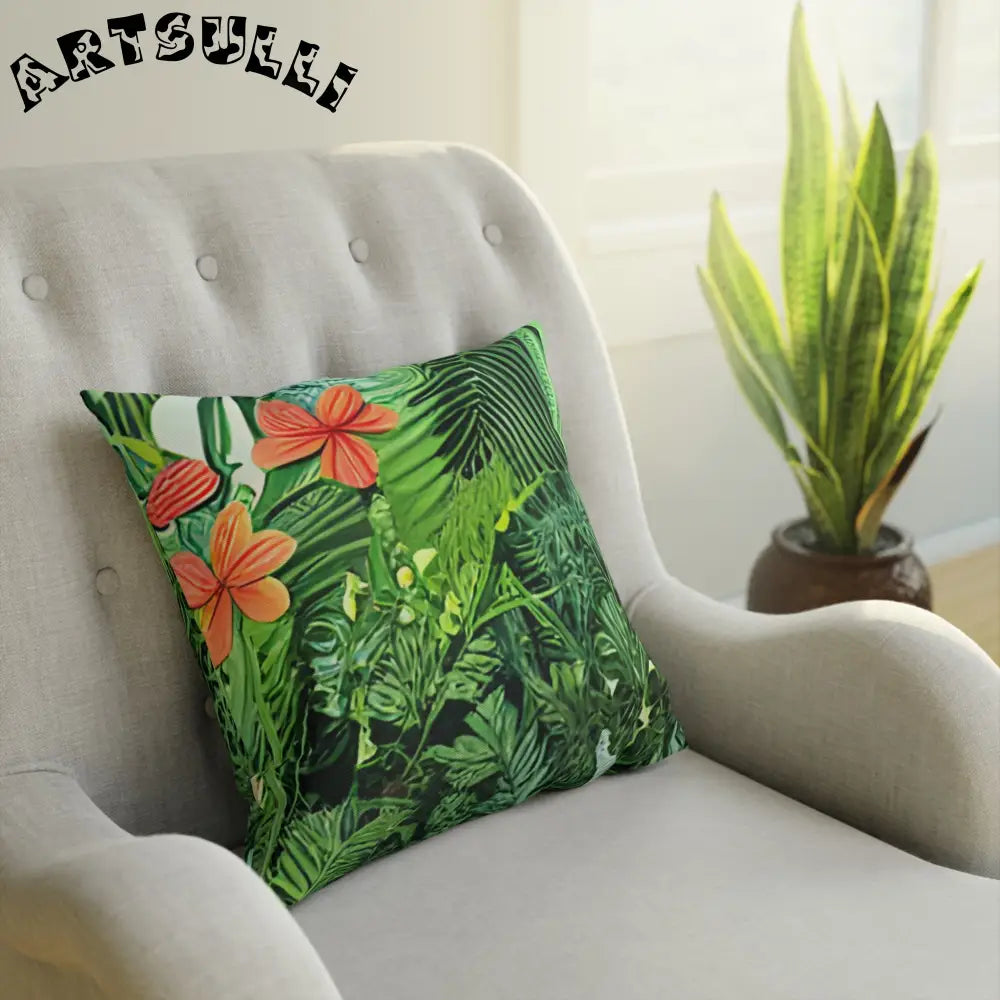 JAKKOUTTHEBXX Green Tropical Print Throw Pillow with Orange Flower Accents 2025