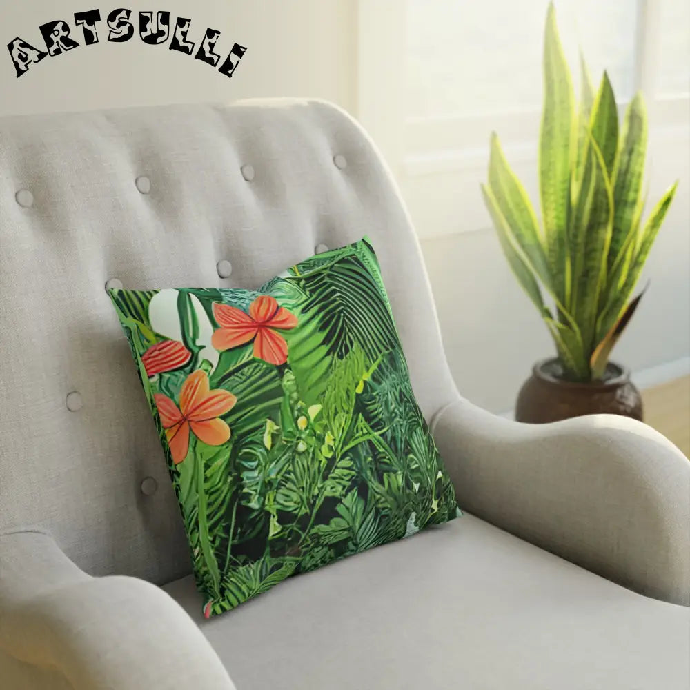 JAKKOUTTHEBXX Green Tropical Print Throw Pillow with Orange Flower Accents 2025