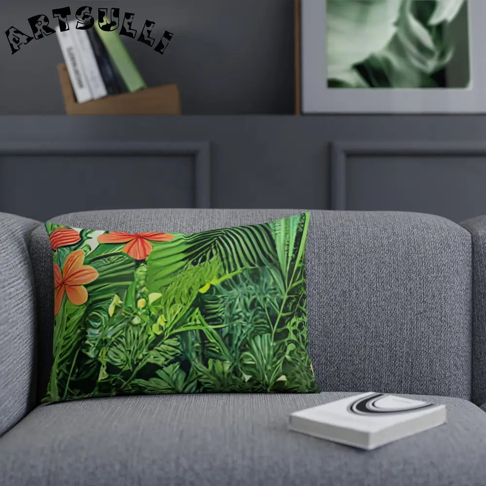 JAKKOUTTHEBXX Green Tropical Print Throw Pillow with Orange Flower Accents 2025
