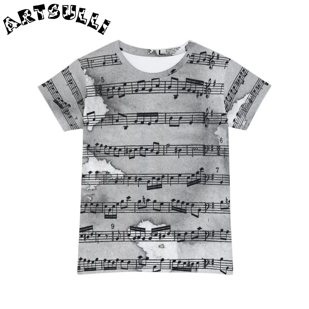 Grey Musical Score All Over Print T-Shirt, Artsulli - Art is Long, Life is Short, All Over Prints, Size, XS, , , , , 38578358640224484643