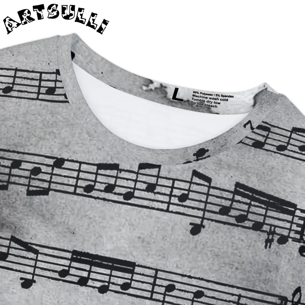 Grey Musical Score All Over Print T-Shirt, Artsulli - Art is Long, Life is Short, All Over Prints, , , , , , , 