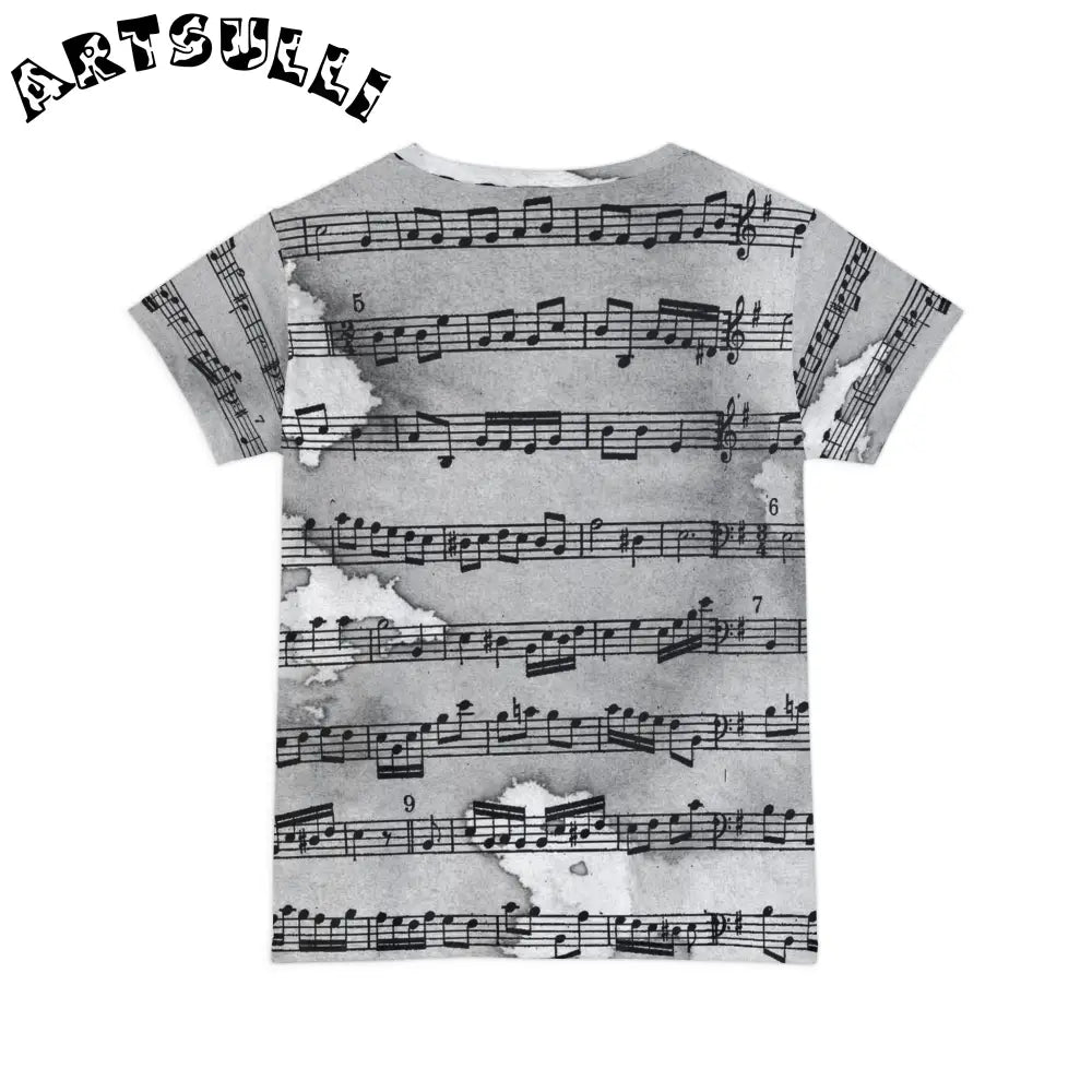 Grey Musical Score All Over Print T-Shirt, Artsulli - Art is Long, Life is Short, All Over Prints, , , , , , , 