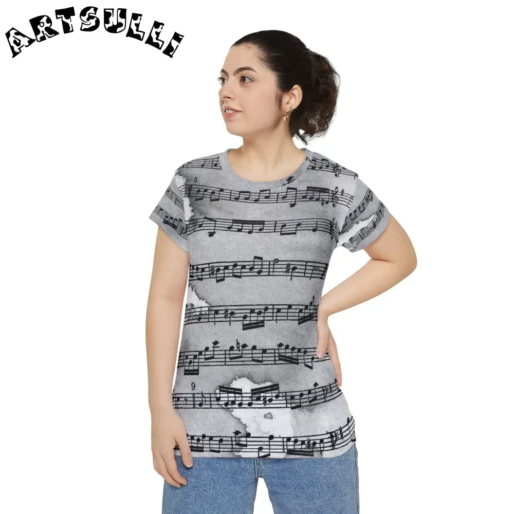 Grey Musical Score All Over Print T-Shirt, Artsulli - Art is Long, Life is Short, All Over Prints, , , , , , , 