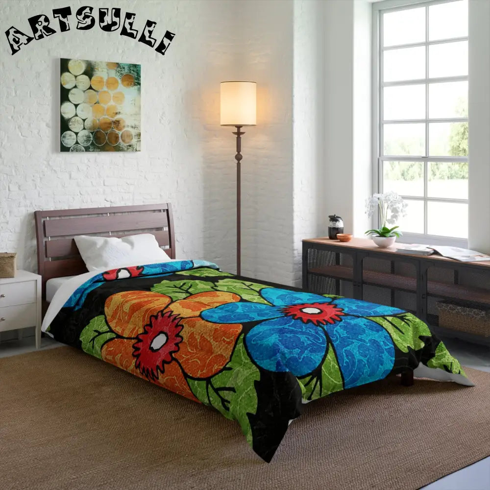 Groovy Black Floral Comforter, Artsulli - Art is Long, Life is Short, Home Decor, , , , , , , 