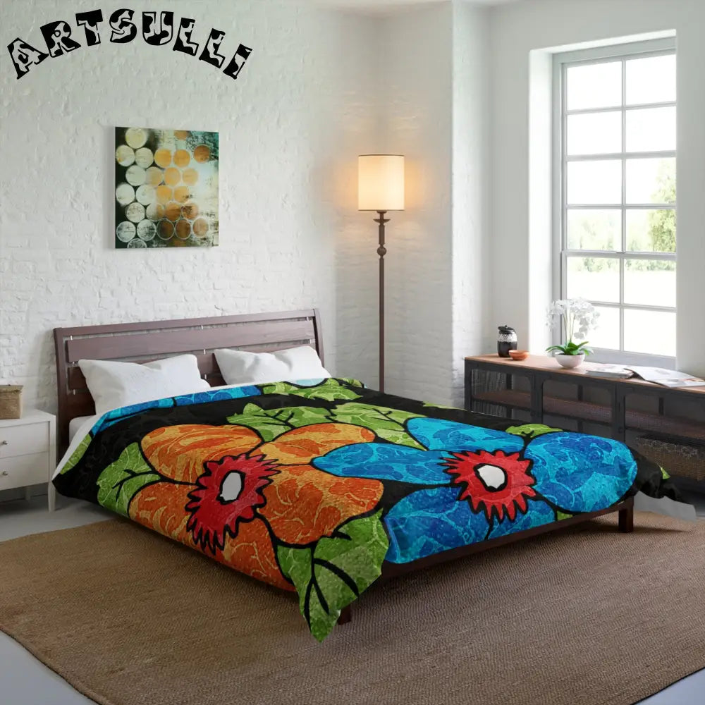 Groovy Black Floral Comforter, Artsulli - Art is Long, Life is Short, Home Decor, , , , , , , 