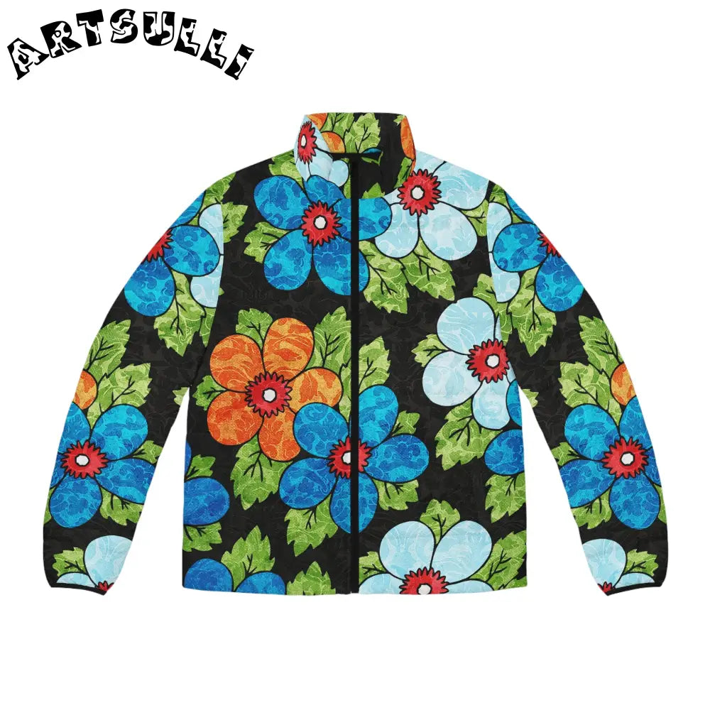 Groovy Black Floral Puffer Jacket, Artsulli - Art is Long, Life is Short, All Over Prints, Size, S, Color, Black zipper, , , 12871260128826451243