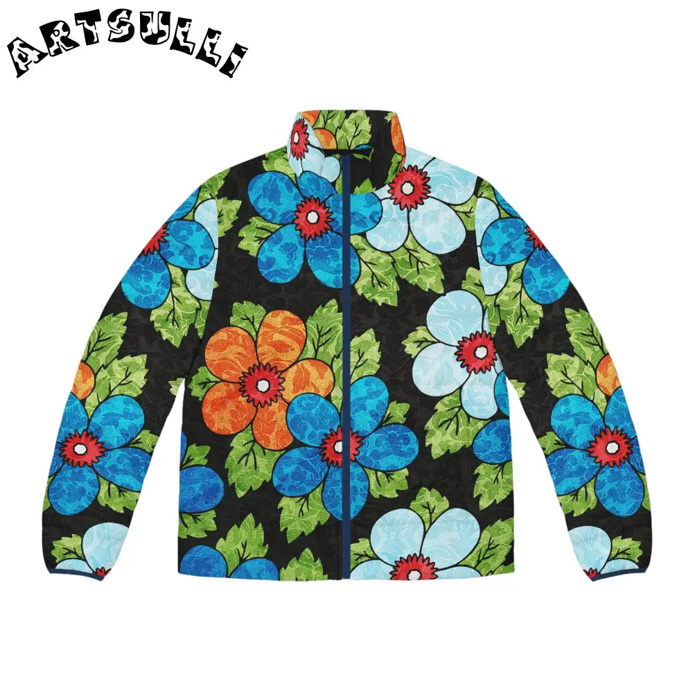 Groovy Black Floral Puffer Jacket, Artsulli - Art is Long, Life is Short, All Over Prints, Size, S, Color, Dark blue zipper, , , 18475465097816491747