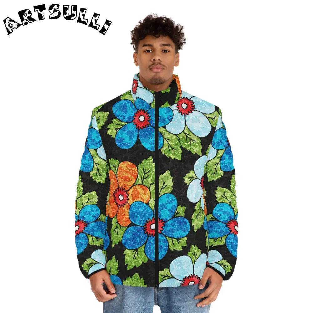 Groovy Black Floral Puffer Jacket, Artsulli - Art is Long, Life is Short, All Over Prints, , , , , , , 