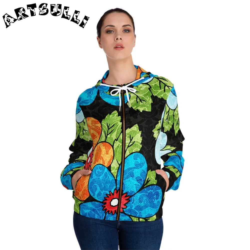 Groovy Black Floral Zip Hoodie, Artsulli - Art is Long, Life is Short, All Over Prints, , , , , , , 