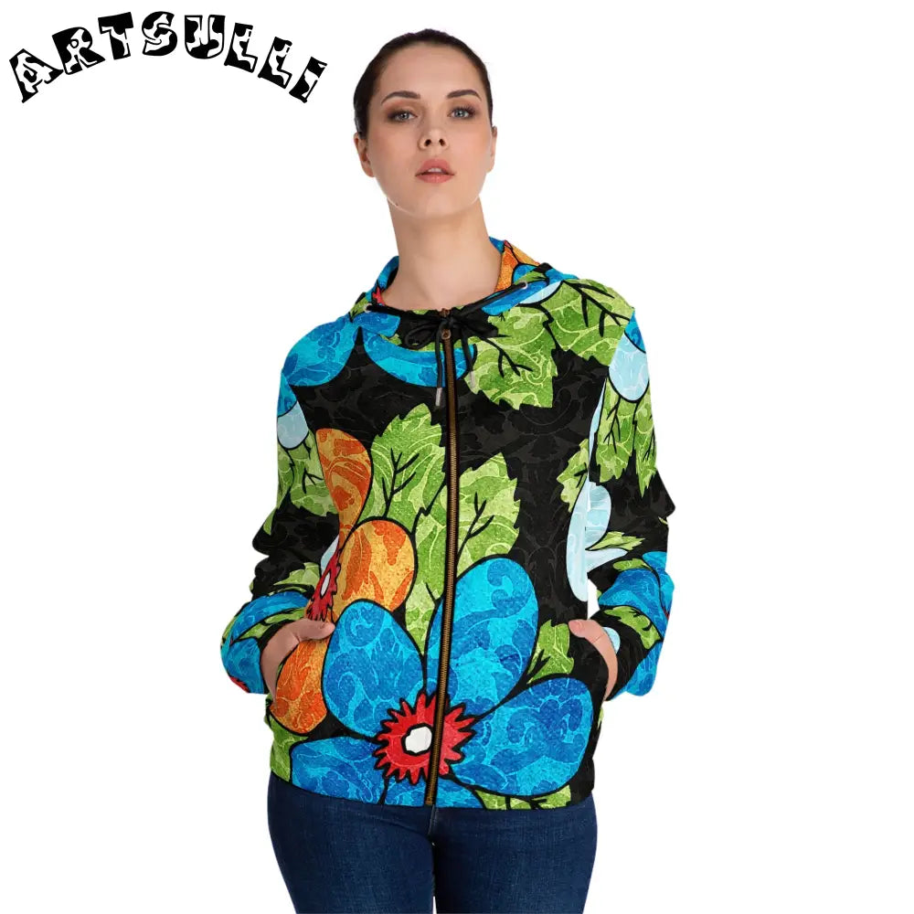 Groovy Black Floral Zip Hoodie, Artsulli - Art is Long, Life is Short, All Over Prints, , , , , , , 