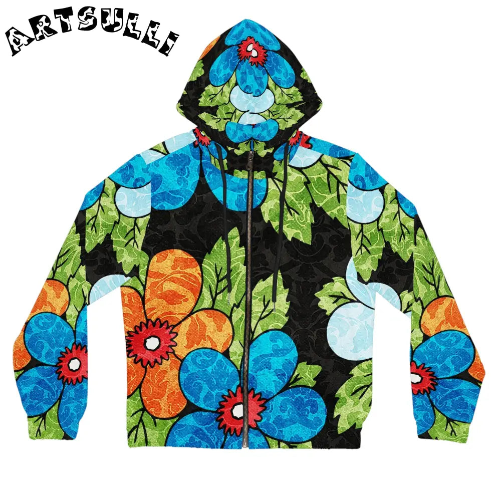 Groovy Black Floral Zip Hoodie, Artsulli - Art is Long, Life is Short, All Over Prints, Size, XS, Color, Black, , , 25824245446756803195
